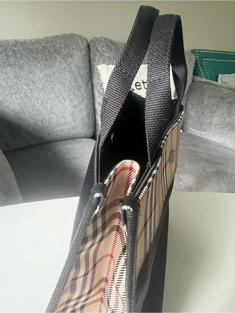 Burberry Black Canvas Tote with Beige Plaid Trim - Handheld Bag